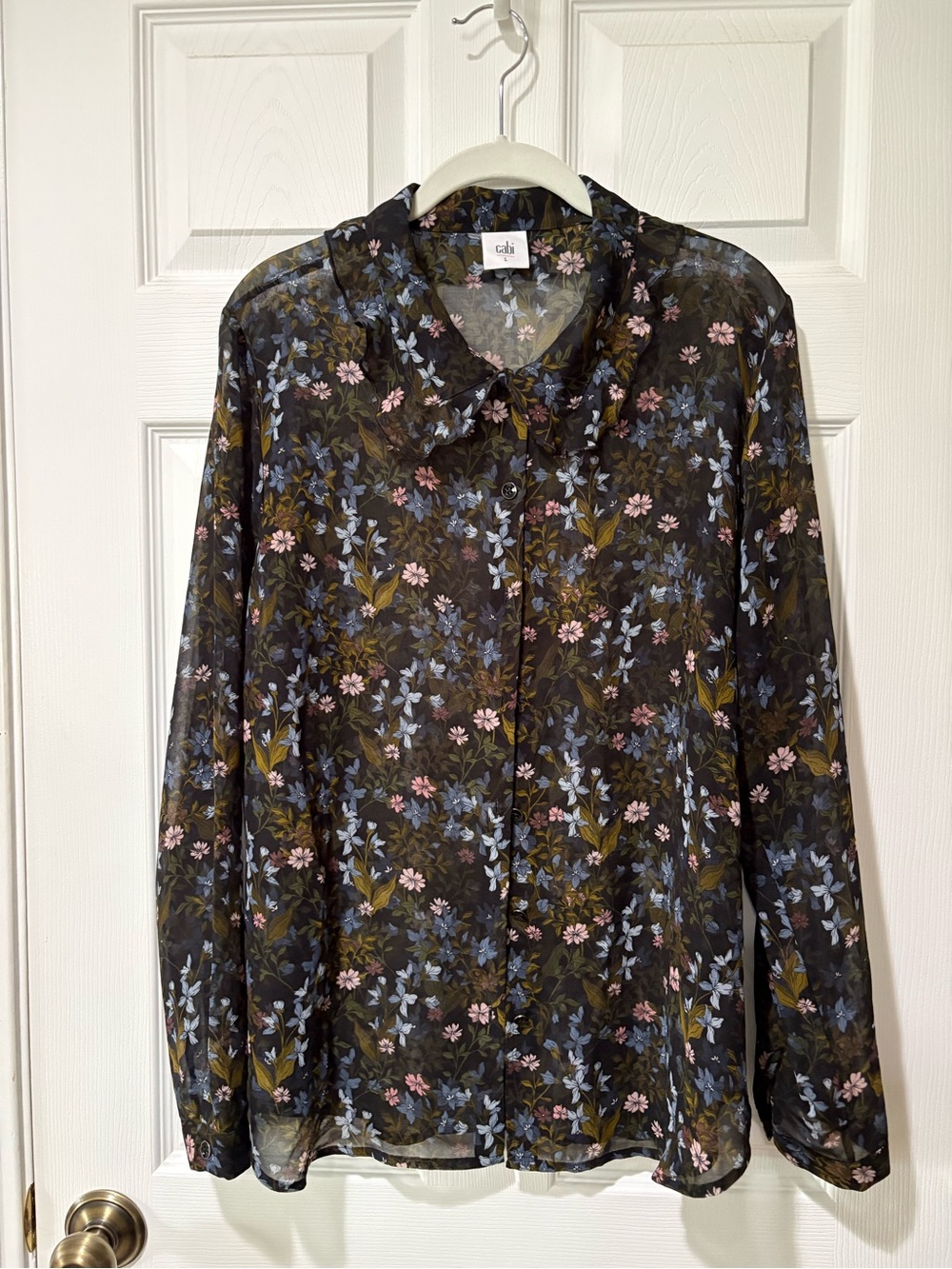 Cabi Women’s Floral Button-Up Shirt - Black with Blue & Pink Floral